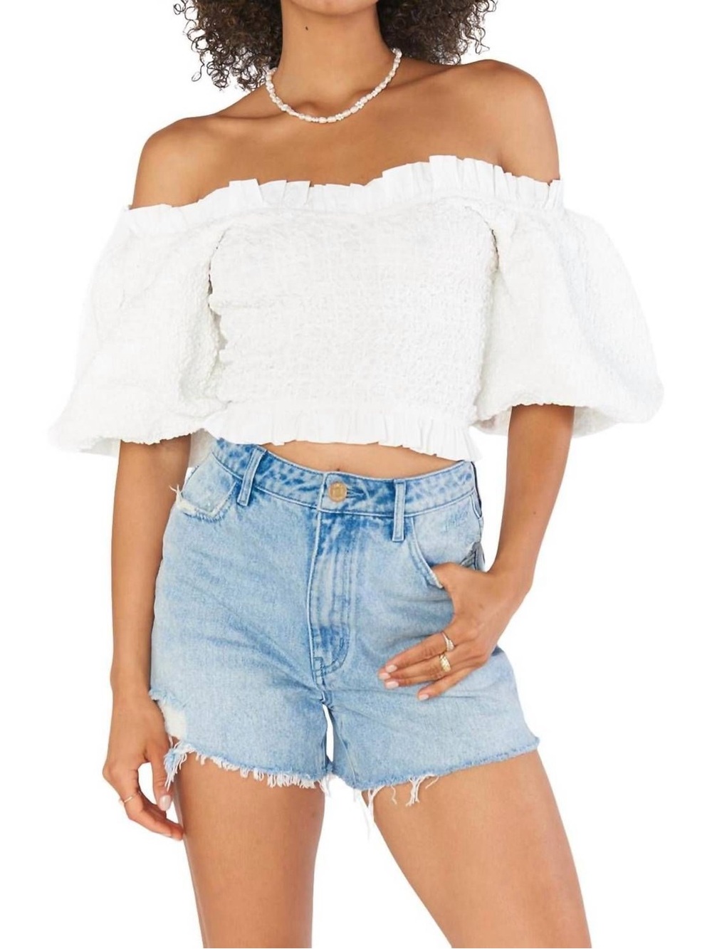 Show Me Your MuMu Rom Com Top in White Texture Stretch